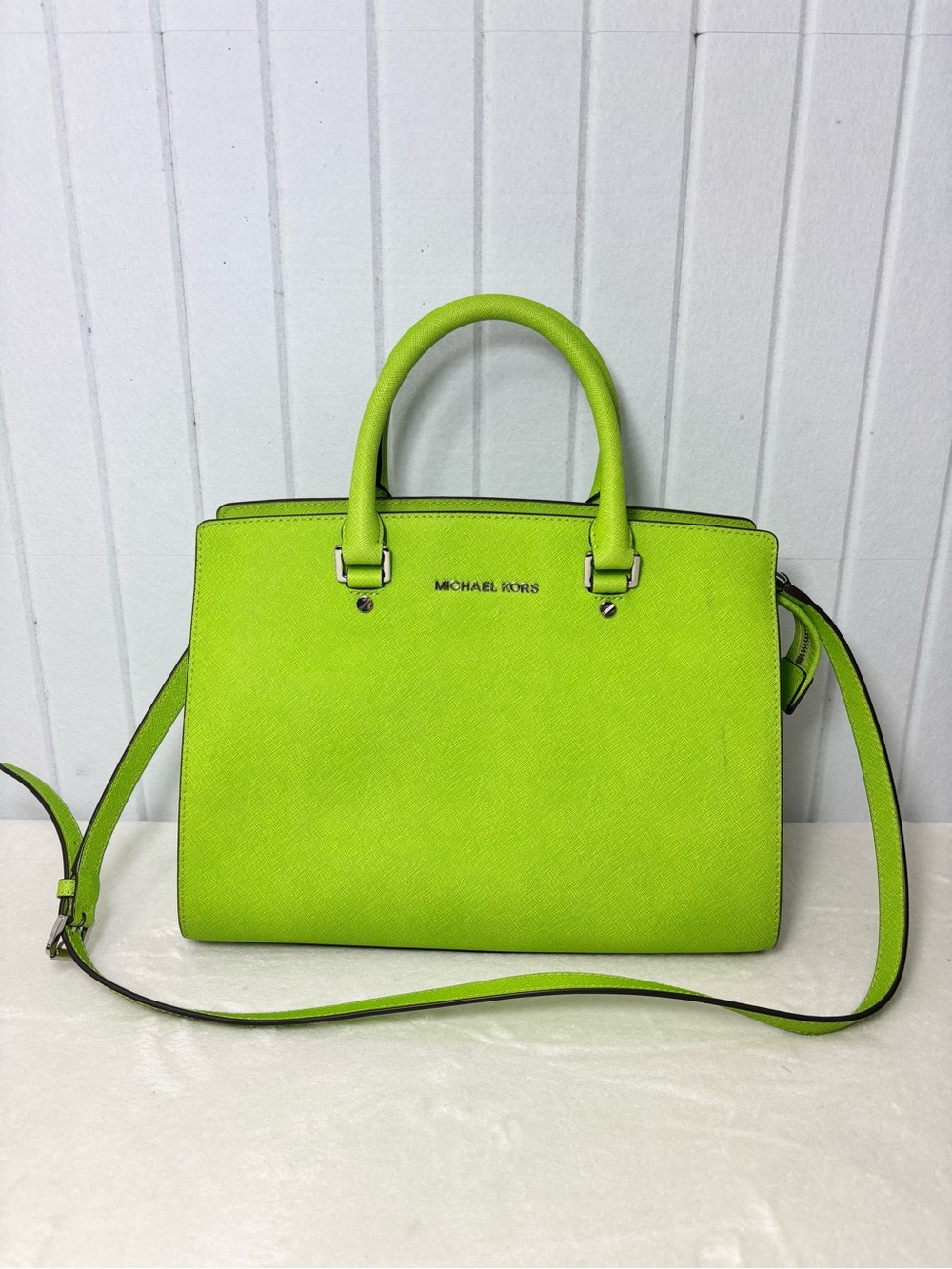 Michael Kors Neon Lime Saffiano Satchel with Detachable Strap - Picture 1 of 12